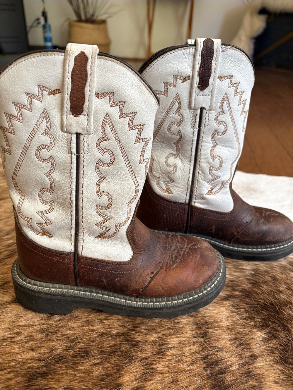 Old West Kids White and Brown Western Pull-On Boots